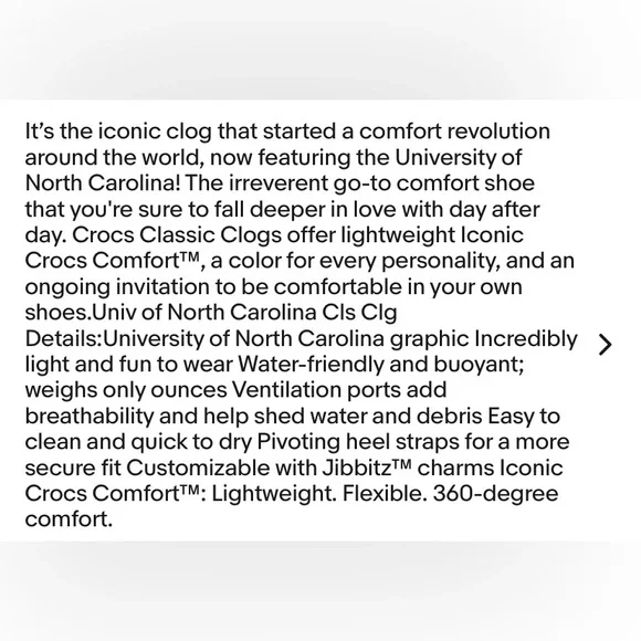 NEW [CROCS] UNC University of North Carolina Classic Crocs Unisex Sz W10/M8 - Picture 7 of 8